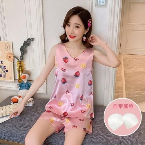 Plus Size Silk Satin Print Sexy Sleeveless Vest Pajama Sets for Women Summer Shorts Sleepwear Homewear Pijama Mujer Home Clothes
