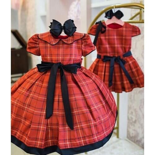 Christmas Baby Girls Princess Dress Infant Red Plaid Pattern Short Sleeve Ruffled Collar Skirt with Bow Knot Waistband 6M to 5Y