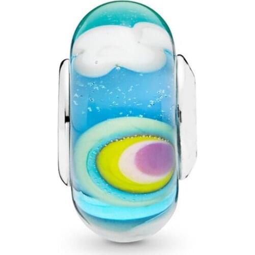 Free Shipping Authentic 925 Sterling Silver Blue sky and white clouds Charms Fit Bracelets For Women DIY Jewelry Glass beads