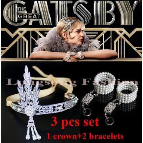 Rhinestone Connector,Hotsale 3 pcs set,The Great Gatsby DAISY Pearl Tassels Headband Bracelet Set,Wedding Bridal Crown LSGAT01
