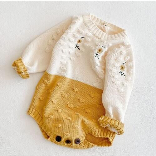 Korean Style Infant Baby Girl Knitting Bodysuits Flower Embroidery Cotton Long Sleeve Newborn Baby Girl Jumpsuit