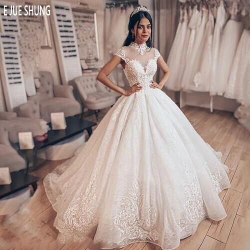 E JUE SHUNG Vintage Princess wedding Dresses Cap Sleeve High Neck Zipper Back Appliques Organza Dubai Ball Gown Bridal Dresses