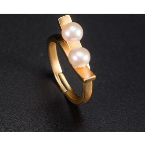 VLA 925 Silver Simple Fashion Pearl Ring Womens Personalized Gold Color Ring Adjustable Size Valentines Day Gift