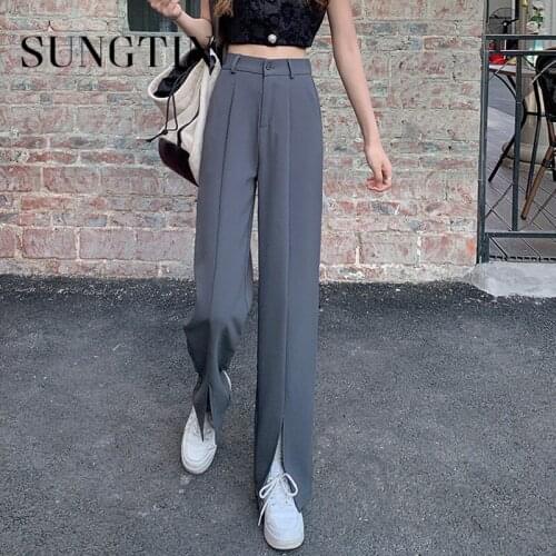 Sungtin Korean Fashion Black Split Long Pants Women Summer Casual High Waisted Straight Trousers Vintage Elegant Wide Leg Pants