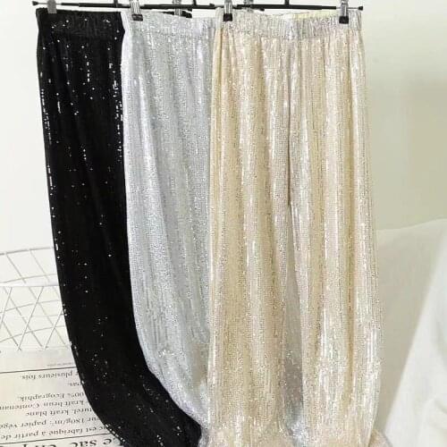 Sidaimi Silver Full Sequined 2020 Women Wide Leg Pant Elastic Waist Bling Luxury Chic Capris Casual Gold Long Pant Female Club