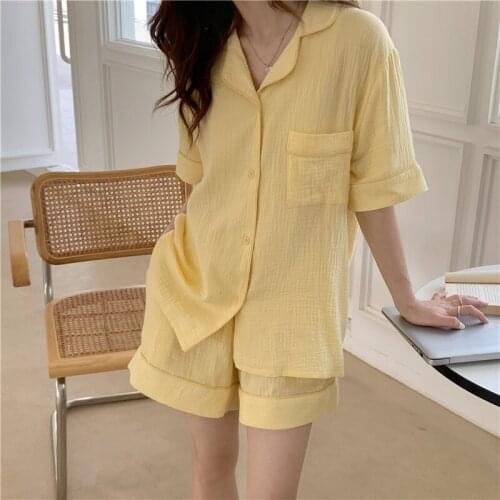 Pure color chic korea pajama set women summer gauze cotton homewear 2 piece set short sleeve pyjamas breathable sleepwear Y900