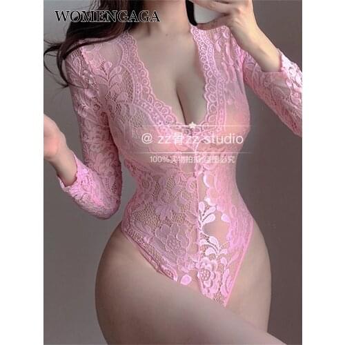 WOMENGAGA Autumn New V Neck Pink Irregular Lace Mesh Transparent Sexy Long Sleeve Tops Korean Women Sexy Bodysuits Top T4AT