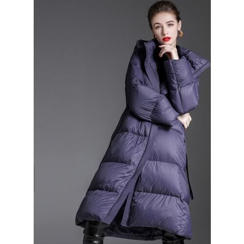 Europe 2020 Winter Fashion High End Thicked Warmer Belt Loose Long Women 90% White Duck Down Hooded Coat Plus Size Jackets