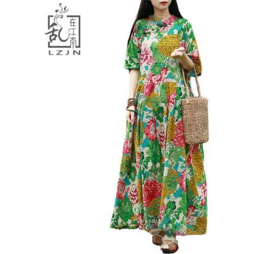 LZJN Women Casual Loose Bohemian Floral Print Dress Half Sleeve Mandarin Collar Mori Girl Vintage Robe Loose Vestidos PX1059