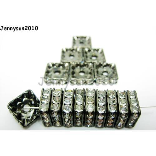 200pcs/lot 8mm Top Quality Czech Clear Crystal Rhinestone Pave Squaredelle Metal Gunmetal Plated Spacer Loose Beads Jewelry