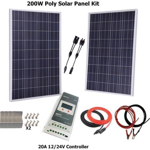 200w Solar Panel Polycrystalline solar panel system kit w/20A MPPT solar charge controller, solar cable, battery cable Z bracket