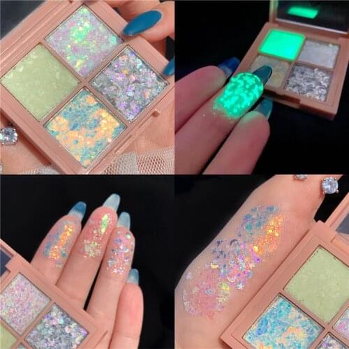 4 Colors Luminous Glow In Dark Iridescent Glitter Eyeshadow Palette Shine Diamond Eyeshadow Powder Pigment Cosmetics TSLM1