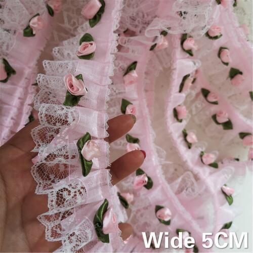5CM Wide Pink 3D Roses Lace Fabric Cotton Pleated Lace Embroidered Ribbon Ruffle Trim For DIY Wedding Dresses Sewing Home Decor