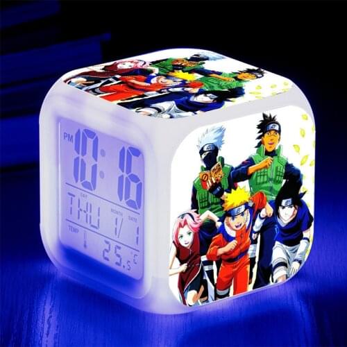 Naruto Uzumaki Anime Figurines Sasuke Alarm Clock LED Colorful Light Japan Manga Kakashi Action Figure Toys for Children