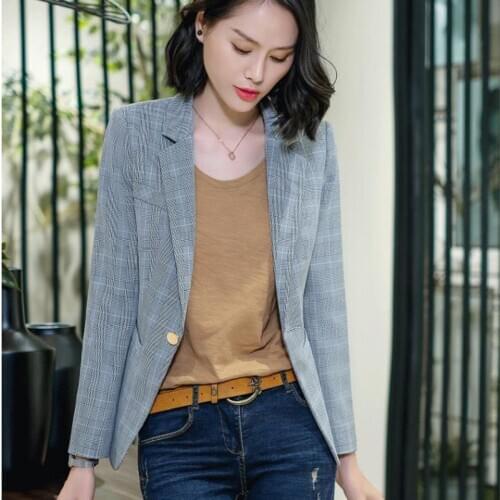 Blazers Womens Spring Autumn Retro Plaid Blazer Korean V-neck One Button Long Sleeve British Small Blazers Womens 2020 A969
