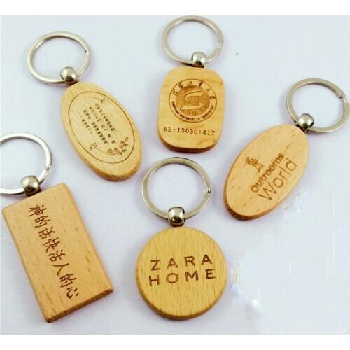 Free Logo 50Pcs Print Diy Blank Wooden Keychain Rectangle Heart Round Ellipse Carving Keyring Wood Key Chain