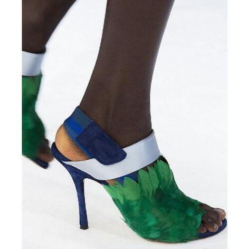 Carpaton Newest Feather Decorations High Heel Sandals Summer Peep Toe Slingback Thin Heels Woman Shoes Runway Cutouts Dress Shoe