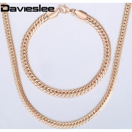 Davieslee Womens Jewelry Set 585 Rose Gold Bracelet Necklace Set Hammered Herringbone Snake Chain Woman Jewelry 2018 Gifts LCS02
