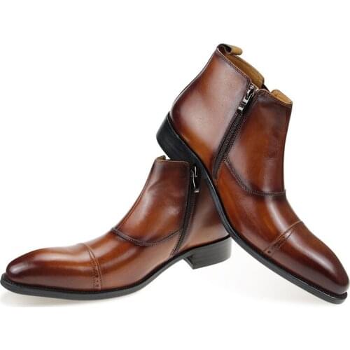 High Quality Men Ankle Boots Dress Office Business Genuine Leather Shoes With Zipper Fashion Luxry Mens Boots Pointed Toe Solid