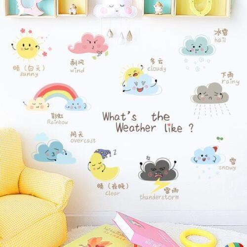 Wall Sticker Nursery Chinese English Study Weather Stickers Wall Pictures Kids Room Decoration Baby DIY Wallpaper Wall Decor