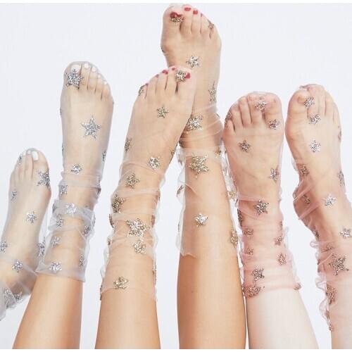 2020 New Fashion Glitter Star Soft Mesh Socks Women Transparent Elastic Sheer Ankle socks Skin