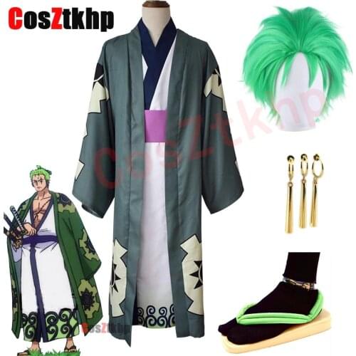 2021 new Anime ONE PIECE Roronoa Zoro Full Cosplay Costume Full Set Includes Green Wig Gold Earrings Shoes Halloween Costume
