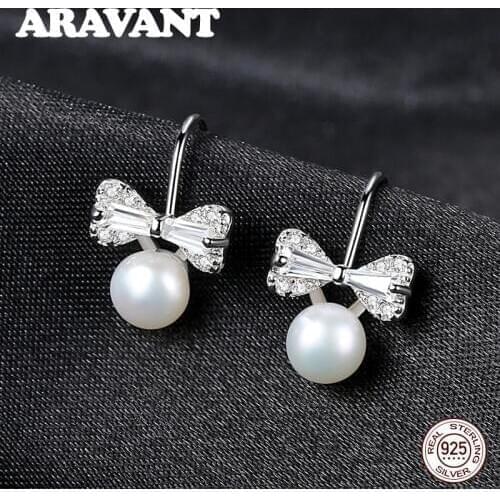 925 Sterling Silver Clear Zircon Butterfly Pearl Drop Earrings For Women Fashion Silver Jewelry Gifts