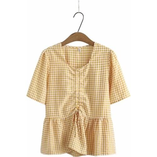 Plus size V-neck drawstring plaid short sleeves women tshirts 2021 new summer casual ladies chiffon black yellow blue t shirts