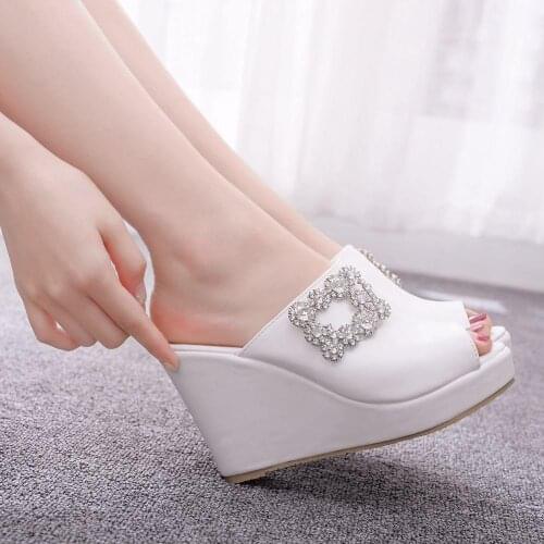 Crystal Queen Women Wedge High Heels Shoes White Shoes Wedding Stiletto Heels High Heeled Sandals Prom Party Heel Platform