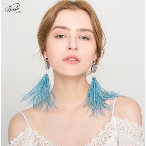 Badu Women Fashion Earring Ostrich Feather Bohemian Style Crystal Rock Earring Dangle Drop Elegance Party Jewelry Holiday