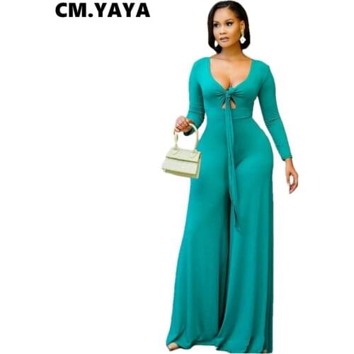 CM.YAYA Women Jumpsuits Solid Full Sleeve V-neck Bandage Hollow Out Stretchy Wide Leg Jumpsuits Fashion One Piece Overalls Fall