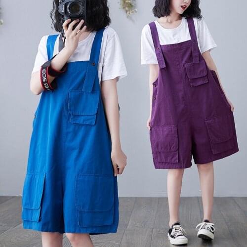 #2358 Summer Purple Blue Overalls For Women Multi-pockets Loose Wide Leg Playsuits Women Casual Plus Size Short Jumpsuit Sexy