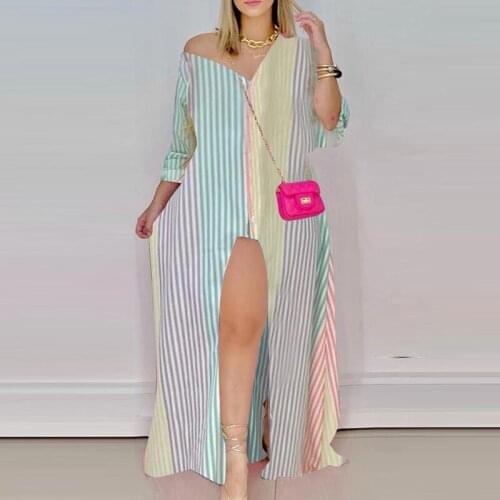 Autumn Casual V Neck Women Long Shirt Dress Elegant Stripe Printing Ladies Loose Party Dresses 2021 Female Split Dress Vestidos