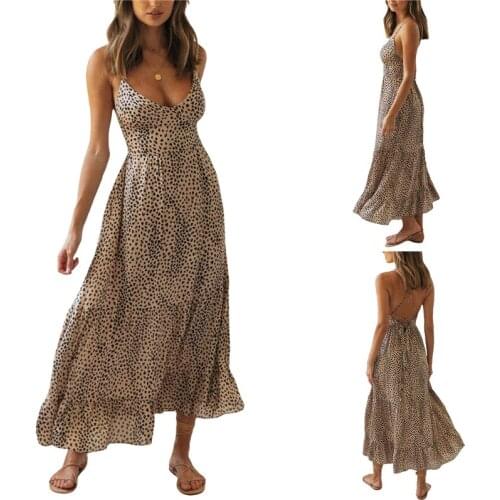 2021 Fashion Trend Women Sexy Slip Loose Dress Khaki Leopard Printed Pattern Deep V-neck Sleeveless Casual Summer Sun Dress