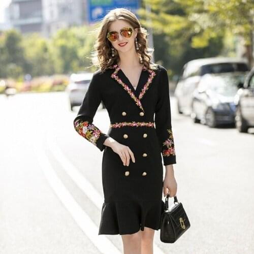 Superior 2021 new quality Spring vintage dress office lady Womens Europe embroidery Fishtail Dress autumn Flower sexy dresses