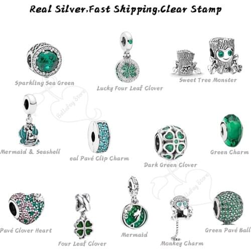100% Real 925 Silver Beads Lucky Four Leaf Clover Pendants Monkey Charms Fits Original Bracelets Necklaces Bangles Female Gifts