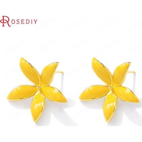 38660)4PCS 24x24MM 24K Gold Color Brass Paiting Color Flower Charms Pendants & Stud Earrings Jewelry Making Supplies Findings