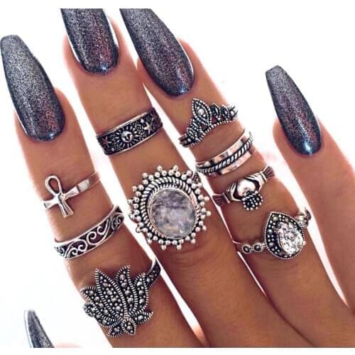 TianBo 9 pcs/set Knuckle Ring Set For Women Silver Color Crystal Lotus Crown Cross Sun Totem Mid Finger Rings Heart Jewelry