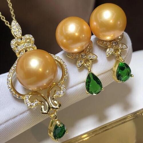 D330 Pearl Set Fine Jewelry 925 Sterling Silver Natural 9-13mm Fresh Water Round Golden Pearls Jewelry Sets for Women
