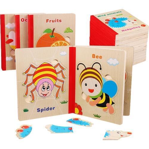 Montessori Toys 3d pazzle enfant book Wooden Toys for Children kids juegos educativos Cartoon Six Pages Intelligence Puzzle jigs
