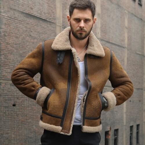 Mens B3 Sheepskin Shearling Jacket Lapel Genuine Leather Jacket Badge Airforce Flight Coat Winter Thick Men Motorcycle Fur Coat