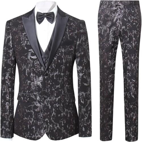 Slim Men Suit Tuxedos Fit Fashion Floral Pattern 3-Piece Suits Business Party Prom Banquet Wedding Groom Ball Stage Costume Host