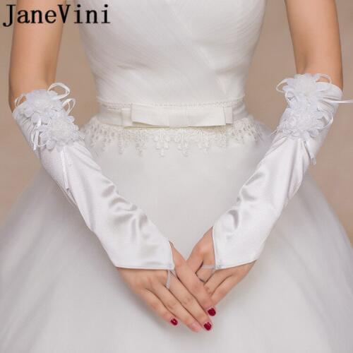 JaneVini 2018 Cheap White Bridal Gloves With Flowers Long Elbow Fingerless Satin Wedding Gloves For Bride Wedding Accessories