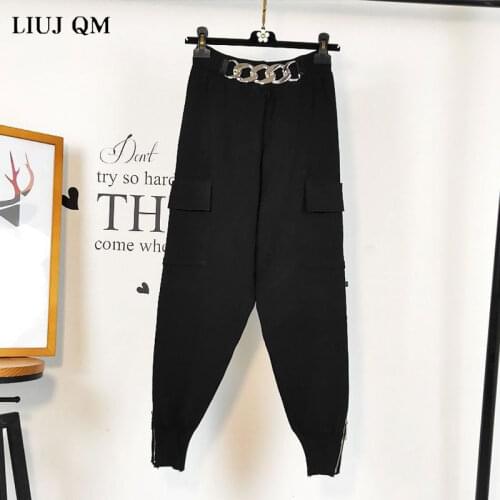 2021 Spring Autumn New Korean Style High Waist Zipper Black Knit Pants Women Loose Nine Point Harem Pants Feet Trousers Women