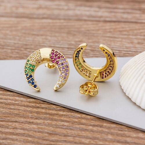 New Style Fashion Copper Micro Pave CZ Zirconia Double Horn / Crescent Moon Shape Charm Stud Earrings For Women Jewelry Gift