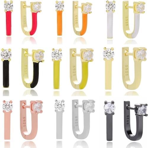 Slovecabin Original 925 Sterling Silver Orange Pink Enamel 18K Huggies Hoop Earrings Pave CZ Women Wedding Earrings Women Gift