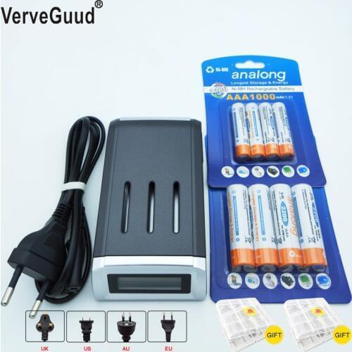 VerveGuud Intelligent LCD Display Battery Charger For AA/AAA NiCd NiMh Battery + 4Pcs aa + 4Pcs aaa Rechargeable Batteries