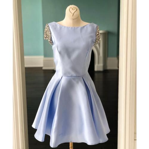 Vestido de formatura 2020 Homecoming Dress Light Sky Blue vestidos de graduación with Pocket Beaded Cap Sleeves