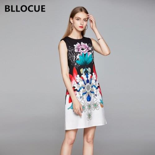 BLLOCUE Vintage Fashion O-Neck Sleeveless Tank Dress Summer Office Lady Floral Print loose A-Line Dress