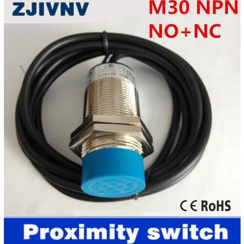 High quality cylinder type M30 NPN NO+NC proximity inductive sensor switch DC6-36V 4 wires, detect sensor detect distance 15mm